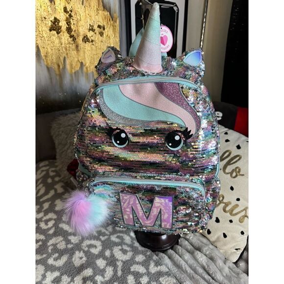 NWT Justice Girls Flip Sequins Unicorn Initial M Rucksack School Bag